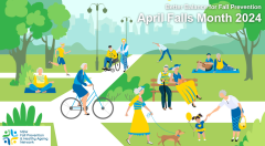 April falls month logo. Cartoon picture of people in the park.