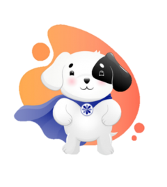 Image of a cartoon black and white puppy with a super hero cape