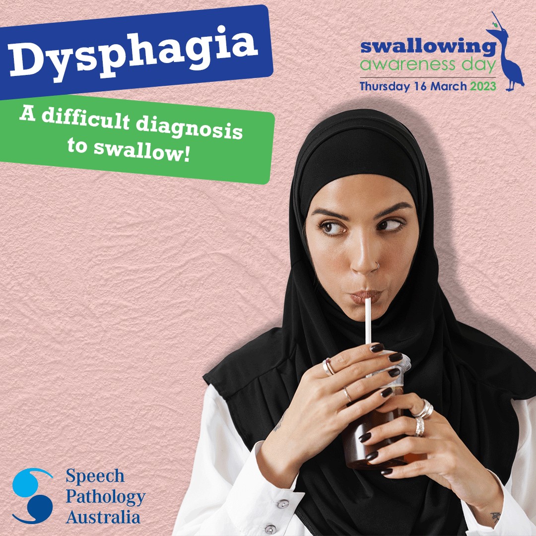 Promotional image, women sucking straw, drinking an iced coffee. Branding is Speech Pathology Australia promoting Swallow Awareness Day